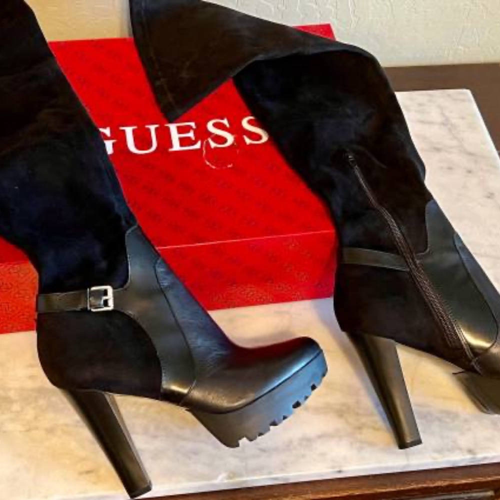 NWB Guess Cierra Black Multi Fabric Boots